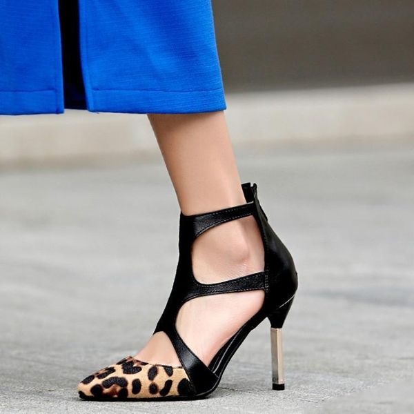 

summer autumn women's sandals leopard color matching pointed thin super high heel 9cm street beat shoes cover toe, Black