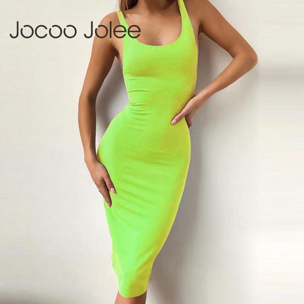 

fluorescence women neon green spaghetti strap dress bodycon bandage midi long party club tank for ladies sundress 210428, Black;gray