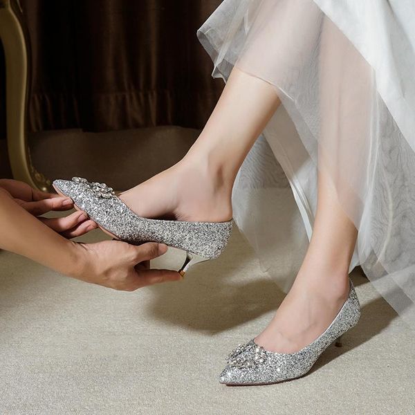 

dress shoes wedding women's 2021 low heel 3cm bridal silver color high heels sequined bridesmaid crystal, Black