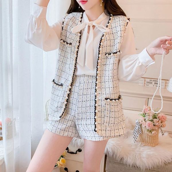 

women's tracksuits 3 pieces set autumn women sweet bow tie chiffon blouse+ long sleeve tweed vest + high waist mini shorts suit, Gray