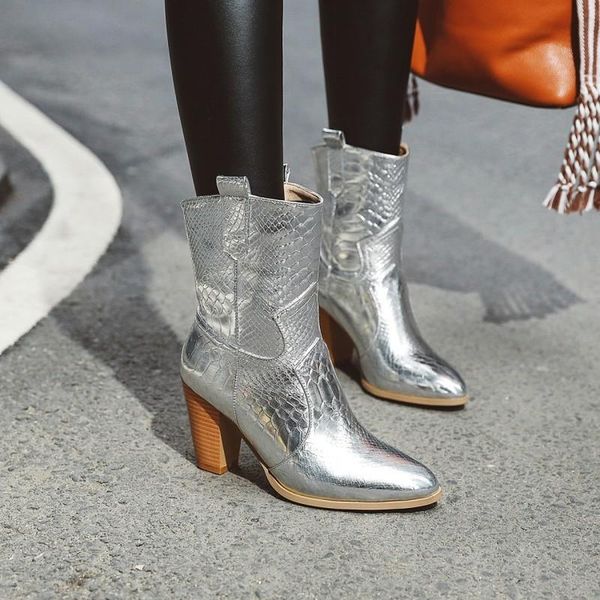 

boots autumn women pu leather square high heel ankle pointed toe winter cowboy fashion western black silver