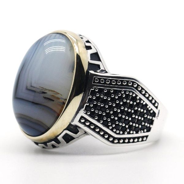 

cluster rings mens ring with agate stone 925 sterling silver natural gemstone vintage geometric turkish fine jewelry to husband gift, Golden;silver