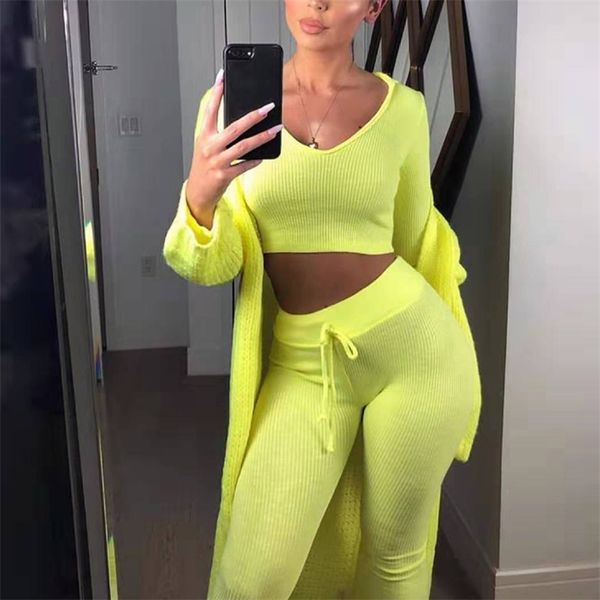 

omsj fall clothes women knitted fluorescent green full sleeve crop pants two piece tracksuit ladies casual oufits mujer 210517, White