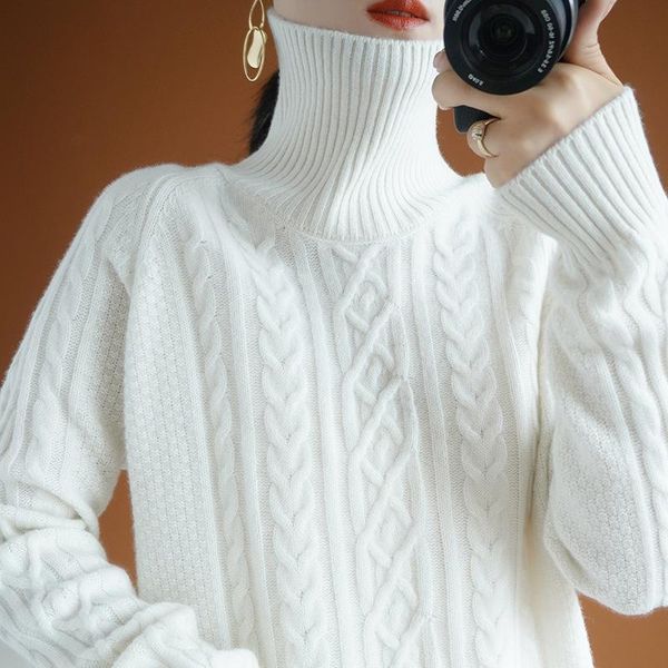 

women's sweaters 2021 winter thickened pullover loose wool twist knit sweater high neck lazy wind bottomed temperament, White;black