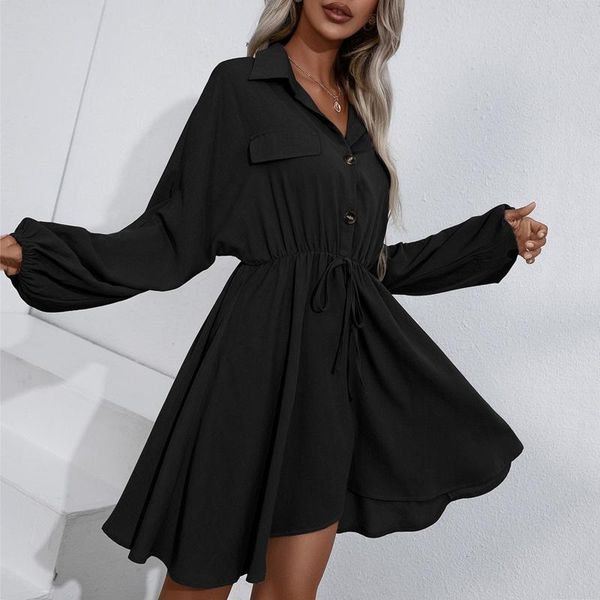 

casual dresses elegant shirt women's loose mini dress long sleeve v neck single breasted fashion party vestidos mujer, Black;gray