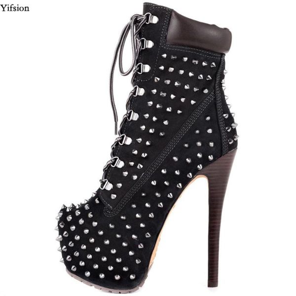 

boots olomm women ankle rivets thin high heel round toe yellow black camouflage shoes plus us size 4-15