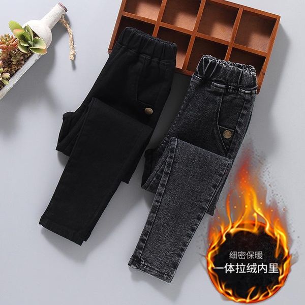 

children jeans for girls autumn winter thick warm fleece denim trousers teen fashion skinny pencil pants, Blue