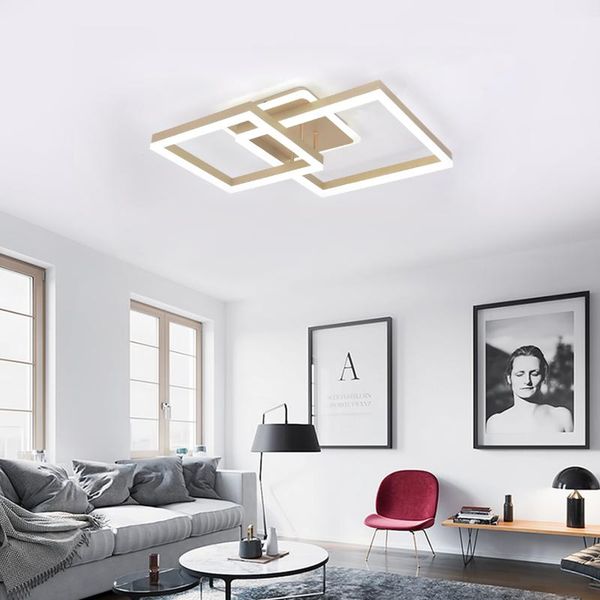 

ceiling lights led modern light 3 heads squares dimmable lamp fixture with remote control for living room bedroom study, gold