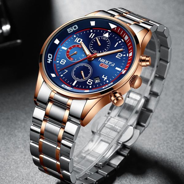 

wristwatches nibosi brand watches men stainless steel waterproof luminous male wristwatch chronograph luxury watch relogio masculino, Slivery;brown