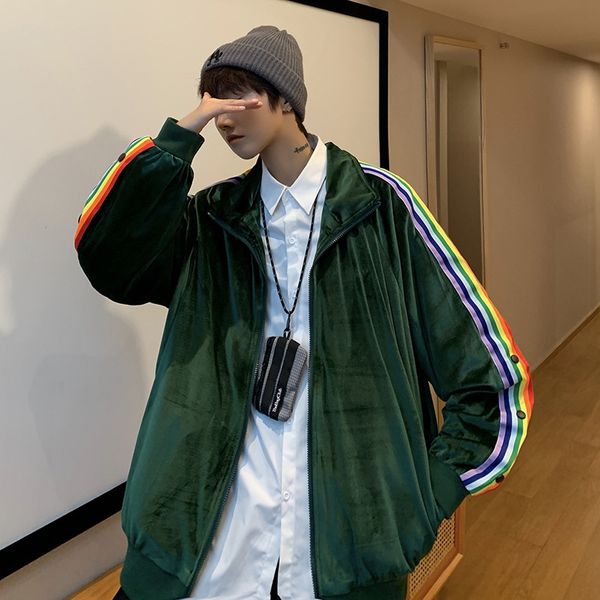 

2021 autumn winter golden veet sports coat men's loose rainbow stripe hip hop et bf store, Black;brown