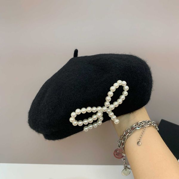 

beilei hat black hat autumn winter versatile bow pearl wool ouyang district painter, Blue;gray