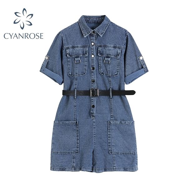 Denim Strampler Frauen Sommer Hohe Taille Breite Bein Drehen Unten Kragen Kurzarm Dame Streetwear Jeans Overalls Weibliche 210515