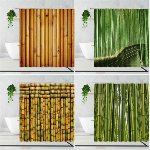 

shower curtains fabric bamboo curtain green plants landscape printing bathroom supplies waterproof bath with hook bathtub screen