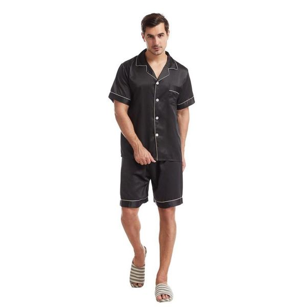 

men's summer lapel solid color pajamas matte satin short-sleeved casual plus size home service suit 2021 sleepwear, Black;brown