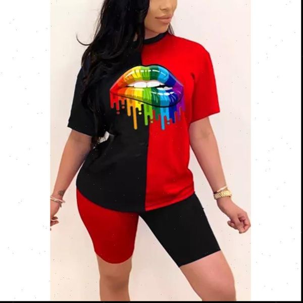 

summer fashion rainbow lip women tracksuits print sportswear and shorts 2pc set ladies casual o neck pullover short sleeve, Gray