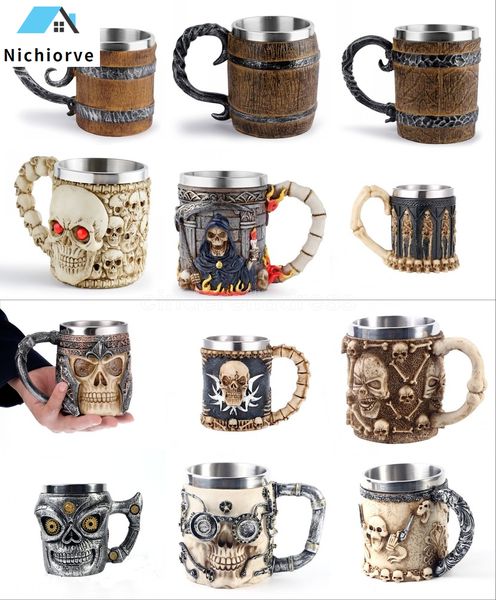 

latest skull mugs stainless steel viking drinking cup skeleton beer stein tankard coffee mug tea tumbler halloween bar drinkware gift fy4730