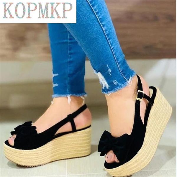 

sandals fashion femininas straw braid women flock leather buckle strap high heels summer shoes bow platform footwear sadalias, Black