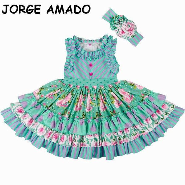Vestido de menina para bebé crianças es para meninas faixa verde bolo floral princesa crianças roupas 0-6Y E83080 210610
