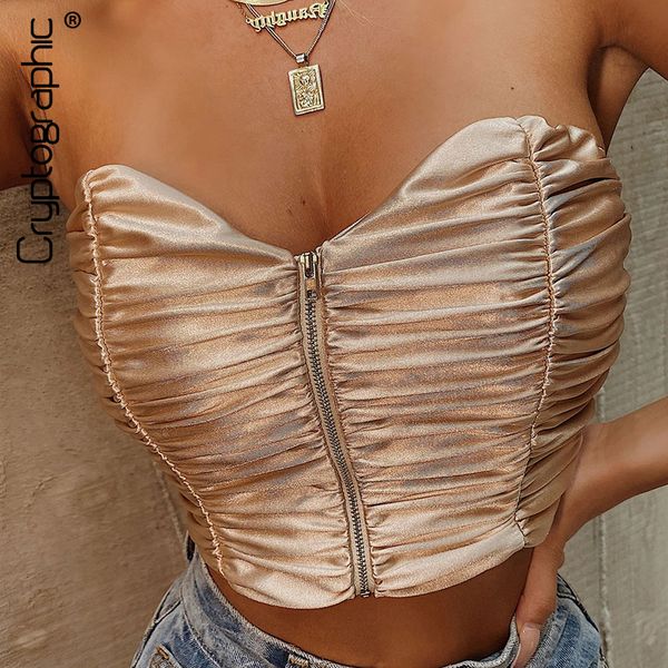 

cryptographic strapless baless zipper fashion draped crop women club party ruched bustier cropped spring 2021, Black;white