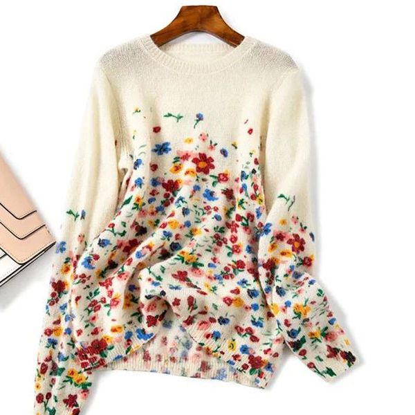 

sweater 2021 autumn and winter flower print mohair 7xup, White;black