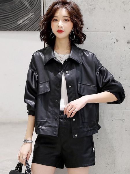 

women's leather & faux 2021 spring women fashion plus pu soft zipper jackets thick plush lining loose coat moto bikers punk female jack, Black