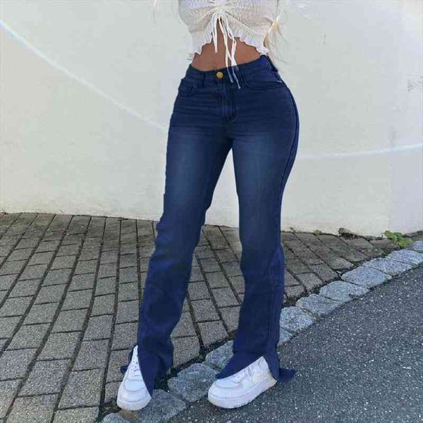 

blue women jeans flare pants high waist slim ankle split denim trousers office lady denim boot cut pant female summer