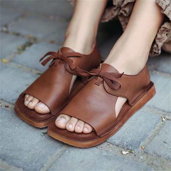 

sandals 2021 spring summer women's leather retro handmade soft soled shoes casual open toe lace up roman low heeled, Black
