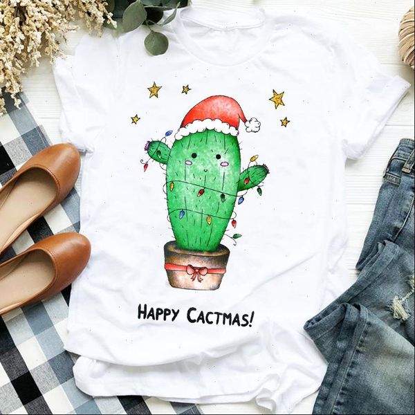 

women clothing womens t shirt cactus cartoon funny cute holiday merry christmas clothes ladies graphic print tee tshirt female, White