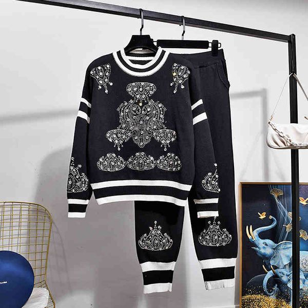 

women's two piece pants fashion knitted sweater pullover autumn korean loose coat + set knit g491 f3i0, White