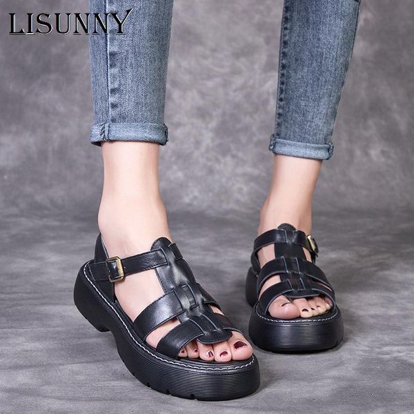

sandals lisunny open toe summer shoes woman genuine leather platform comfort hollow flat gladiator female, Black