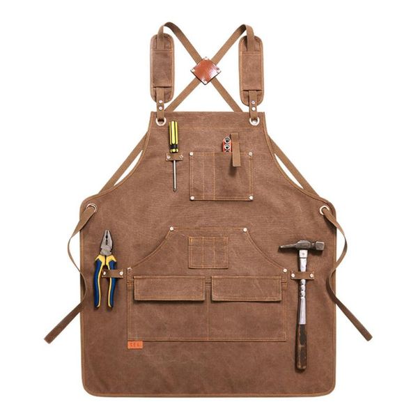 

durable goods heavy duty canvas work apron with tool pockets cross-back straps adjustable for woodworking painting storage bags