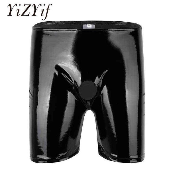 YiZYiF Mens Lucido Sexy Boxer Intimo Pelle Verniciata Aperto Foro Del Pene Gamba Lunga Boxer Mutandine Corte pene Pantaloni di Gomma H1214