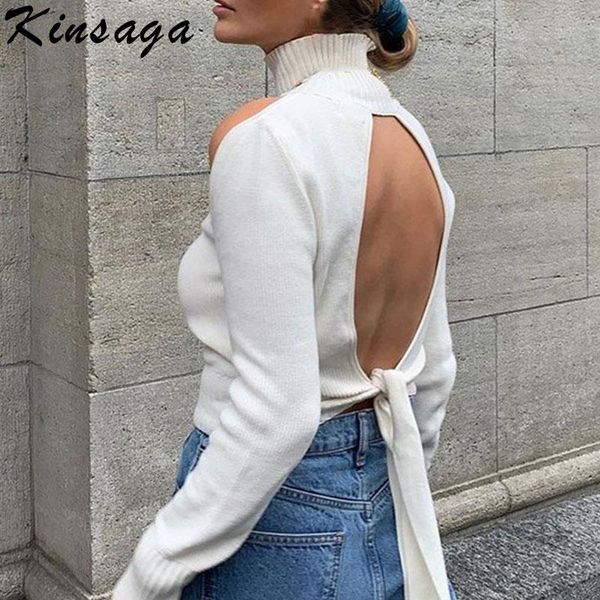 

women's t-shirt green backless turtleneck short t-shirts fashion drop shoulder tie up knitted pullover sweatshirts streetwear cropped t, White