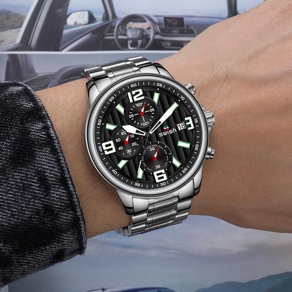 

wristwatches swish men's chronograph wristwatch business calendar clock casual sports military quartz watch male reloj 2021, Slivery;brown