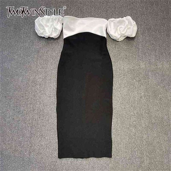 

hit color evening dress for women slash neck puff short sleeve high waist bodycon midi dresses female clothing 210520, Black;gray