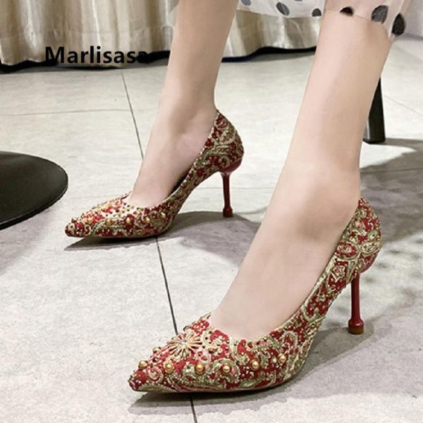 

dress shoes marlisasa szpilki damskie women fashion red pattern high heel ladies casual black floral spring slip on stiletto h5520