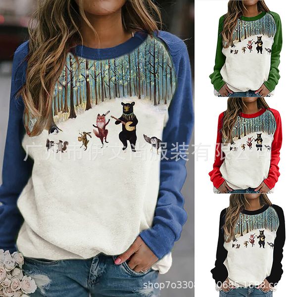

autumn and winter 2021 contrast bear print long sleeve loose women's sweater, Black