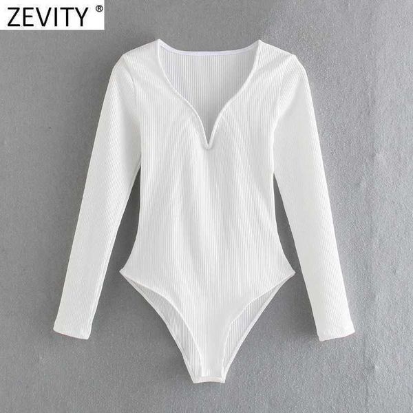 ZEVITY Kadınlar Seksi Derin V Boyun Knited Ince Bodysuits Kadın Uzun Kollu Siyah Beyaz Renk Chic Playsuits Siyam Romper LS9297 210603