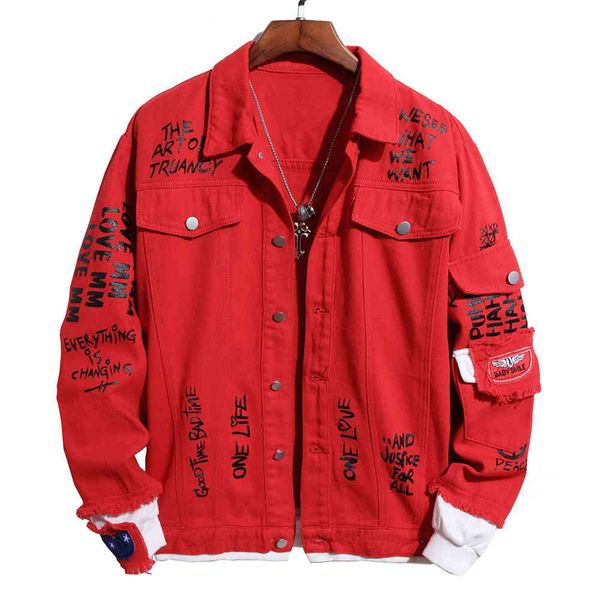 

men's jackets patchwork letters printed red denim jacket loose rose painyed turn down collar jean coat outerwear 7ga4, Black;brown