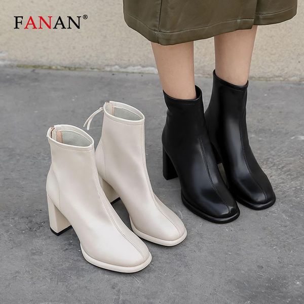 

boots fanan luxury genuine leather women white ankle chunky 8cm high heels square toe back zip shoes autumn winter ladies, Black