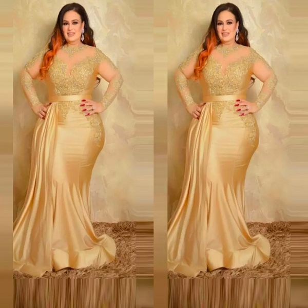 

2022 plus size formal evening dresses elegant with long sleeves gold lace high neck sheath special occasion dress mother of the bride, Black