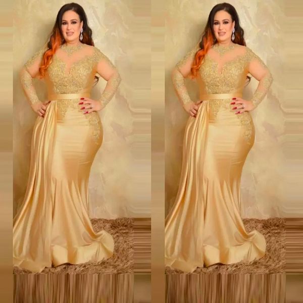 2022 sexy plus size formal vestidos de noite elegante com mangas compridas ouro renda alta pescoço bainha especial ocn vestido mãe da noiva