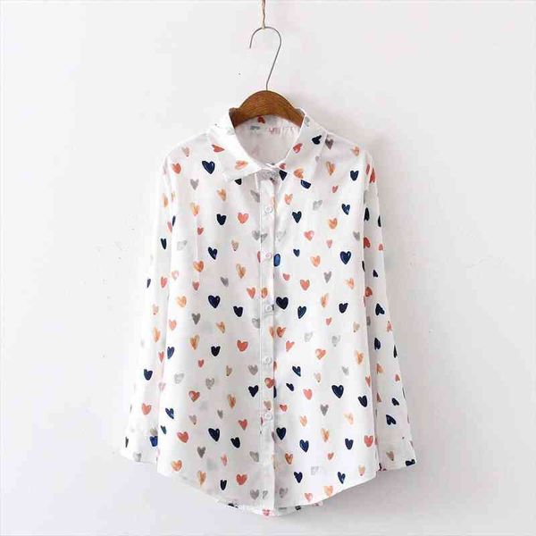

korean long sleeve heart women blouses print casual loose button blusas mujer de moda t20g, White