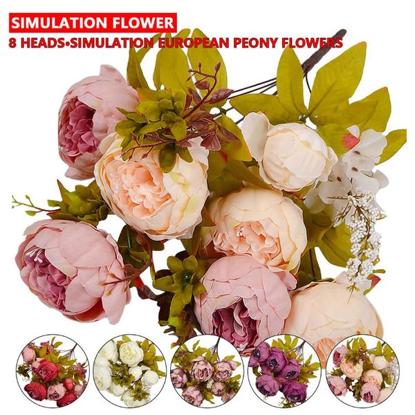 

silk flower european 1 bouquet 8 heads artificial flowers fall vivid peony fake leaf wedding home party decoration decorative & wreaths