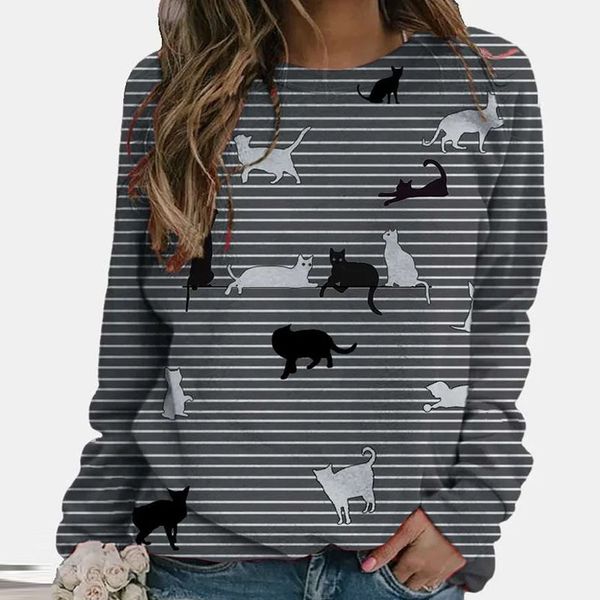 

women's knits & tees women casual o neck cats print striped sweatshirts spring autumn long sleeve pullover streetwear plus si, White