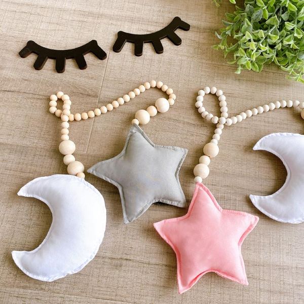 

nordic nursery kids room decor wooden beads garland with stars moon gift scandinavian decoration wall hanging decorative objects & figurines