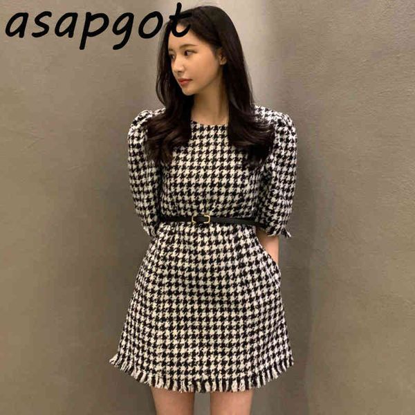 

korea chic retro round neck loose fringed plaid dress with belt mini short sleeve tassels vestido femme casual elegant 210429, Black;gray