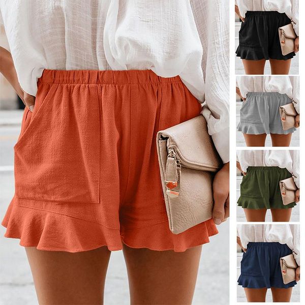 

women's shorts leosoxs 2021 summer fahion empire elastic band casual loose solid pockets ruffle hem ladies plus size, White;black