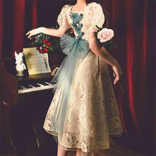 Sommer Vintage Kleid Bowknot A-Linie Elegante Spitze Französisch Fee Kleid Weibliche Quadrat Kragen Einteiliges Kleid Koreanische Hochzeiten 210323