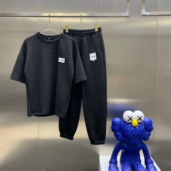 

21ss cotton checkered design letter stitch leather suit half-sleeved sweatshirt t-shirt women and men casual pants black